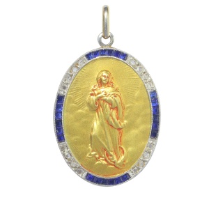 Vintage 1920 s Art Deco diamond and sapphire 18K gold pendant Mother Mary medal